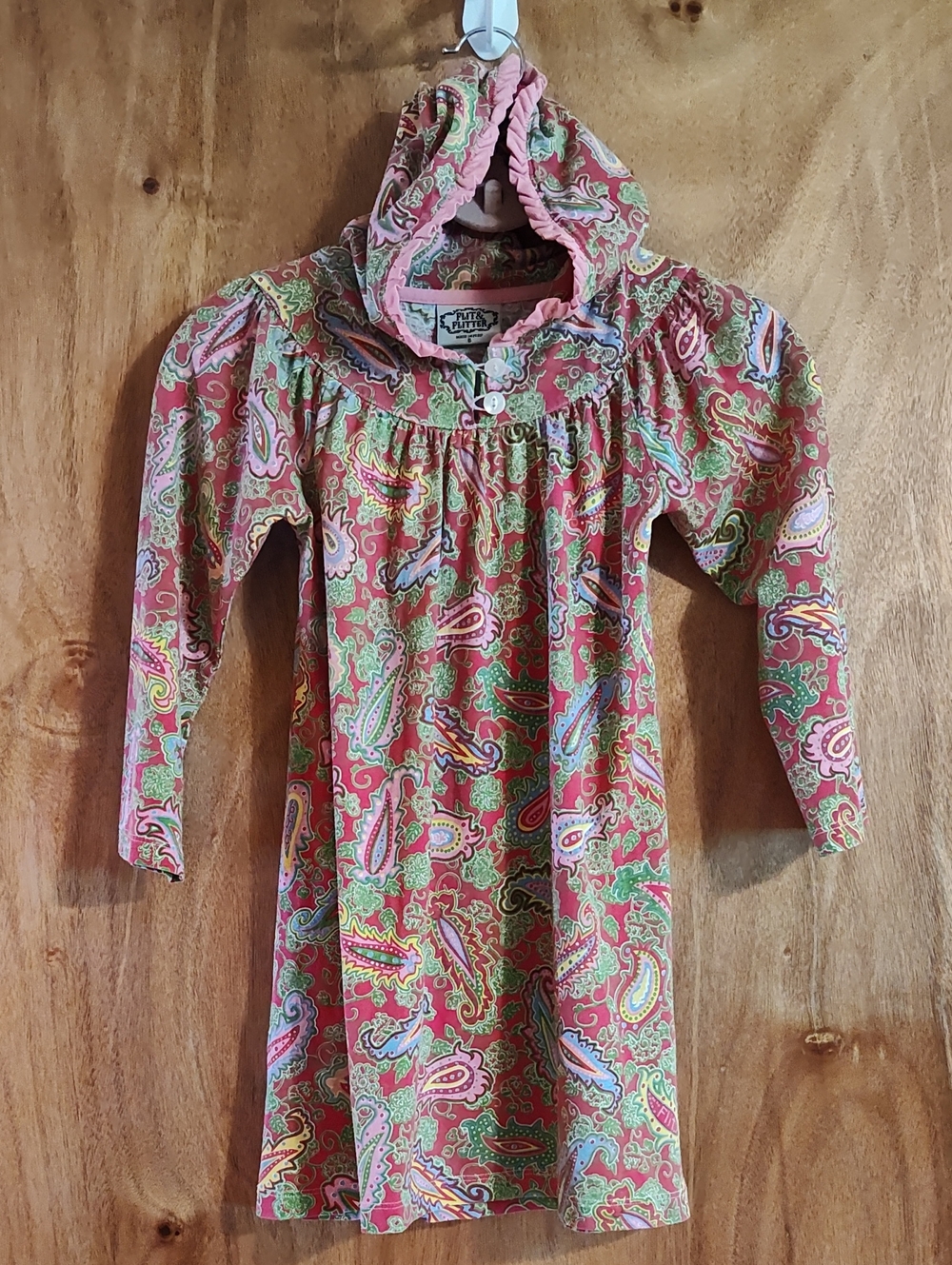 Flit & Flitter Girls Hooded Dress Pink Paisley Long Sleeve Cotton Made In Peru 6
